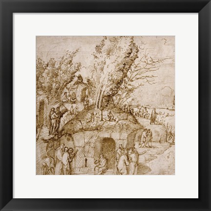 Framed Thebaid: Monks and Hermits in a Landscape Print