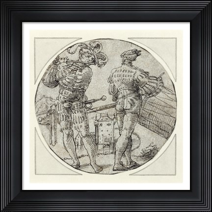 Framed Flutist and Drummer Before a Moated Castle Print