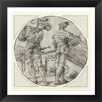 Framed Flutist and Drummer Before a Moated Castle Print