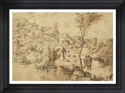 Framed Landscape with Shepherds by a River and a Town Beyond Print