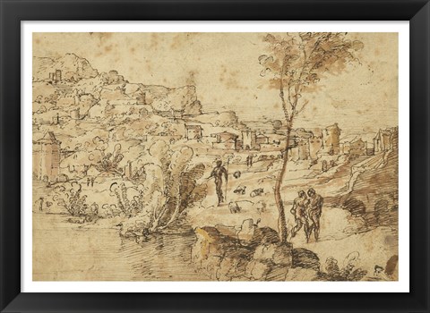 Framed Landscape with Shepherds by a River and a Town Beyond Print