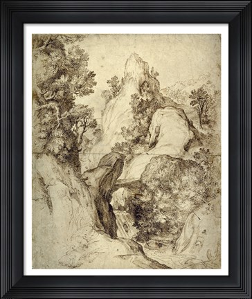 Framed Rocky Landscape with a Waterfall Print
