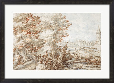 Framed Wooded Landscape with Travelers by a Stream, a Town Beyond Print