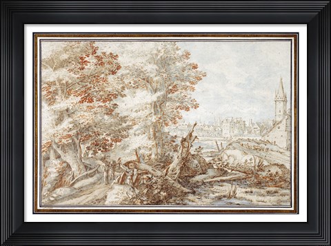 Framed Wooded Landscape with Travelers by a Stream, a Town Beyond Print