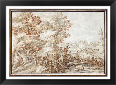 Framed Wooded Landscape with Travelers by a Stream, a Town Beyond Print