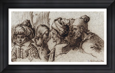 Framed Bust of a Boy in a Turban, a Winged Angel, and Three Old Men Print