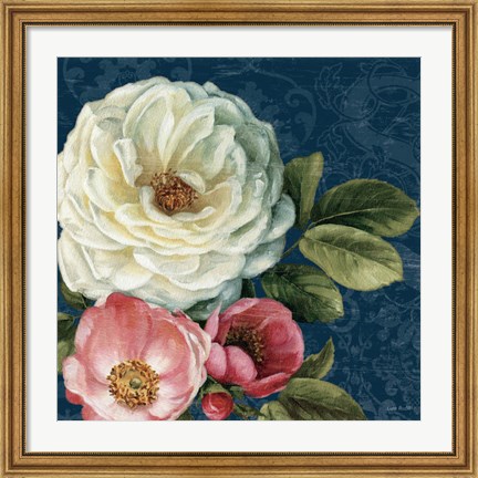 Framed Floral Damask II on Indigo Print
