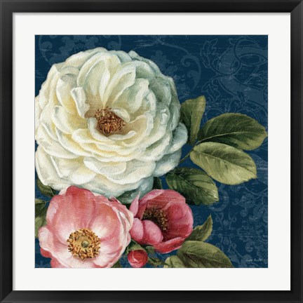 Framed Floral Damask II on Indigo Print