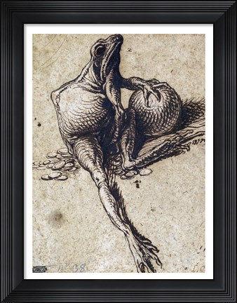 Framed Frog Sitting on Coins and Holding a Sphere Print