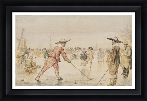 Framed Winter Scene with Two Gentlemen Playing Colf Print