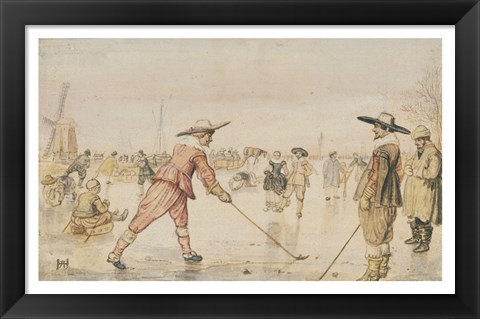 Framed Winter Scene with Two Gentlemen Playing Colf Print