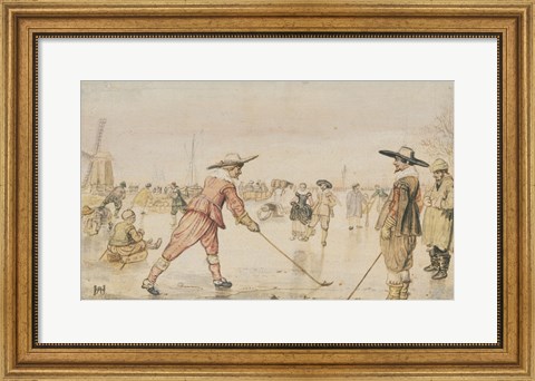Framed Winter Scene with Two Gentlemen Playing Colf Print