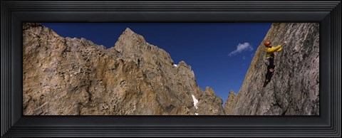 Framed Man climbing up a mountain, Grand Teton, Grand Teton National Park, Wyoming, USA Print