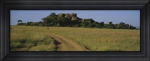 Framed Road passing through a grassland, Simba Kopjes, Road Serengeti, Tanzania, Africa Print