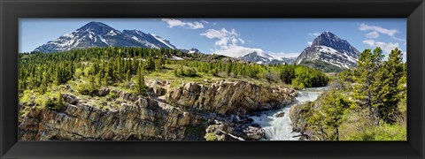 Framed Waterfalls at base of a lake, Swiftcurrent Lake, Glacier National Park, Montana, USA Print