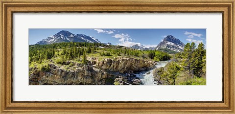 Framed Waterfalls at base of a lake, Swiftcurrent Lake, Glacier National Park, Montana, USA Print