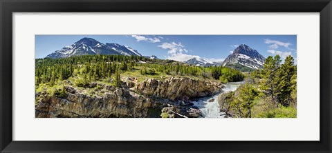 Framed Waterfalls at base of a lake, Swiftcurrent Lake, Glacier National Park, Montana, USA Print