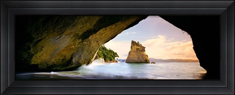 Framed Rock formations in the Pacific Ocean, Cathedral Cove, Coromandel, East Coast, North Island, New Zealand Print