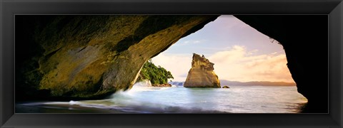 Framed Rock formations in the Pacific Ocean, Cathedral Cove, Coromandel, East Coast, North Island, New Zealand Print