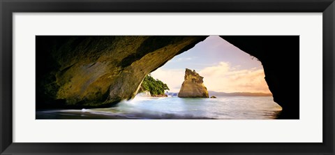 Framed Rock formations in the Pacific Ocean, Cathedral Cove, Coromandel, East Coast, North Island, New Zealand Print