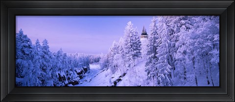 Framed Snow covered trees in front of a hotel, Imatra State Hotel, Imatra, Finland Print