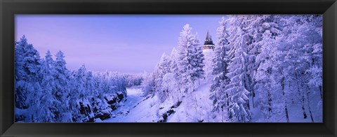 Framed Snow covered trees in front of a hotel, Imatra State Hotel, Imatra, Finland Print