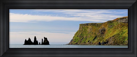 Framed Basalt rock formations in the sea, Vik, Iceland Print