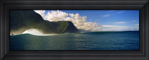 Framed Rolling waves with mountains in the background, Molokai, Hawaii Print