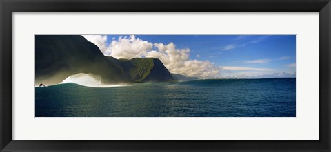 Framed Rolling waves with mountains in the background, Molokai, Hawaii Print