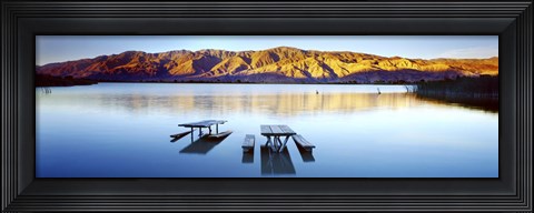 Framed Picnic tables in the lake, Diaz Recreation Area Lake, Lone Pine, California, USA Print