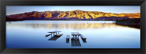 Framed Picnic tables in the lake, Diaz Recreation Area Lake, Lone Pine, California, USA Print