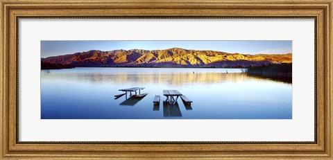 Framed Picnic tables in the lake, Diaz Recreation Area Lake, Lone Pine, California, USA Print
