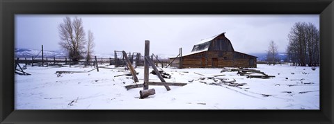 Framed Mormon barn in winter, Wyoming, USA Print