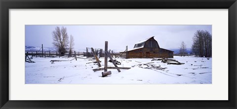 Framed Mormon barn in winter, Wyoming, USA Print