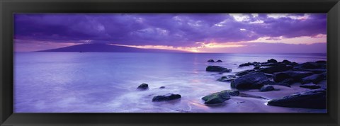 Framed Rocks on coast at sunset, Maui, Hawaii, USA Print