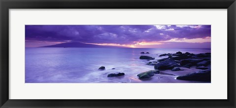 Framed Rocks on coast at sunset, Maui, Hawaii, USA Print