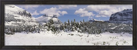 Framed Mountains with trees in winter, Logan Pass, US Glacier National Park, Montana, USA Print