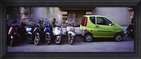 Framed Motor scooters with a car parked in a street, Florence, Italy Print