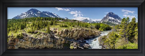 Framed Waterfalls at base of a lake, Swiftcurrent Lake, Glacier National Park, Montana, USA Print