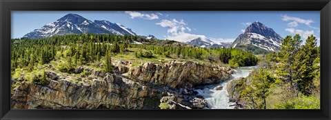 Framed Waterfalls at base of a lake, Swiftcurrent Lake, Glacier National Park, Montana, USA Print