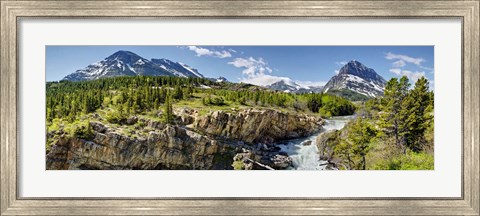Framed Waterfalls at base of a lake, Swiftcurrent Lake, Glacier National Park, Montana, USA Print
