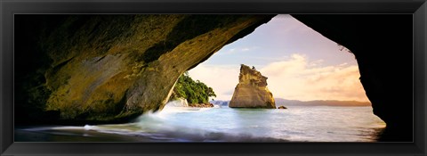 Framed Rock formations in the Pacific Ocean, Cathedral Cove, Coromandel, East Coast, North Island, New Zealand Print