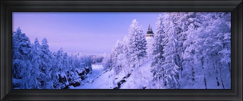 Framed Snow covered trees in front of a hotel, Imatra State Hotel, Imatra, Finland Print