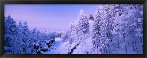 Framed Snow covered trees in front of a hotel, Imatra State Hotel, Imatra, Finland Print