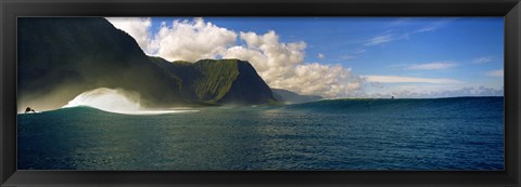 Framed Rolling waves with mountains in the background, Molokai, Hawaii Print