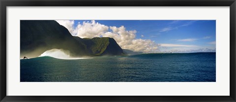 Framed Rolling waves with mountains in the background, Molokai, Hawaii Print