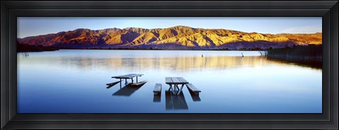 Framed Picnic tables in the lake, Diaz Recreation Area Lake, Lone Pine, California, USA Print