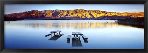Framed Picnic tables in the lake, Diaz Recreation Area Lake, Lone Pine, California, USA Print