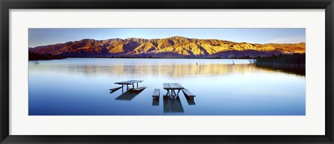 Framed Picnic tables in the lake, Diaz Recreation Area Lake, Lone Pine, California, USA Print