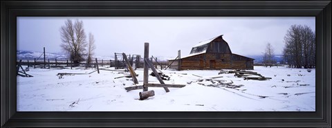 Framed Mormon barn in winter, Wyoming, USA Print